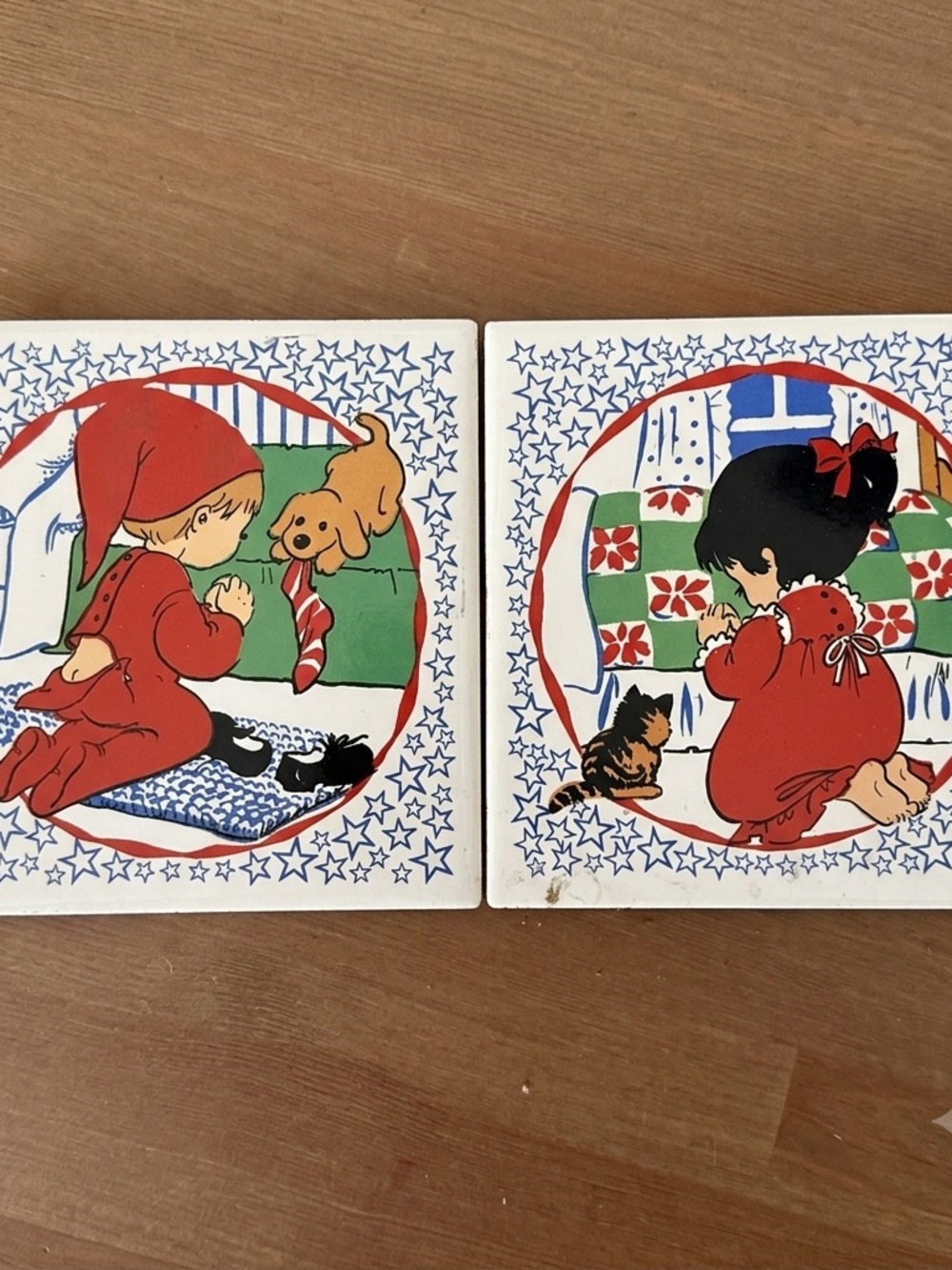Vintage Jasco Ceramic Tile Trivets Bedtime Prayers Boy Girl Set, Early 80s